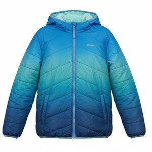 Eddie Bauer Girls' Reversible Winter Jacket in a blue and aqua ombre color.